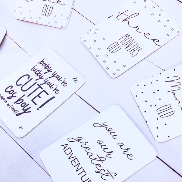 selection of milestone cards from one week old to 12 months old and size extra milestone cards such as I rolled over for the first time